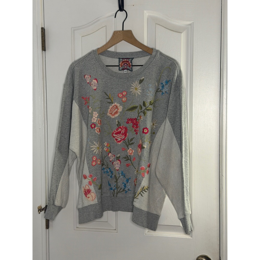 Johnny Was | Catalina French Terry Sweatshirt XL Grey Floral Embroidery J18823-5 - Picture 3 of 10